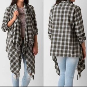 Billabong Green Flannel Staple Open Fringe Surf Shop Cardigan